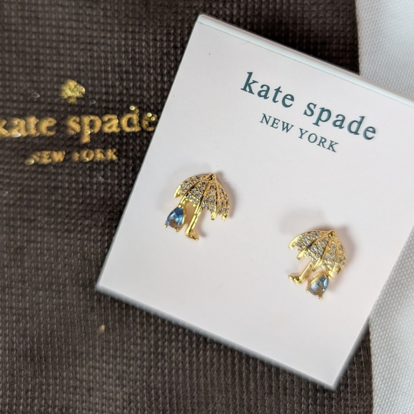 Kate Spade Rain Or Shine Pavé Gold & Clear Blue CZ Umbrella with dust bag NWOT - Picture 4 of 5